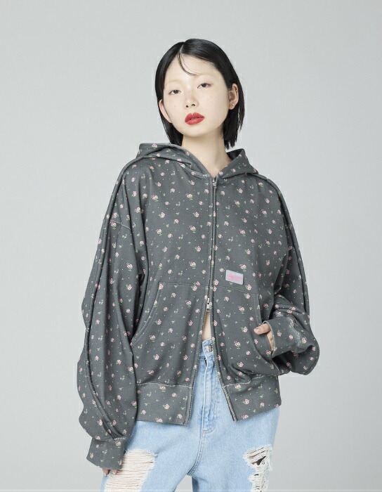LITTLE SUNNY BITE リトルサニーバイト littlesunnybite フローラルフーディー パーカー 汗水 アウター 花柄 長袖 ダブルジップ 両開きチャック 黒いこと 白いこと 小花 はおりもの S大きさ