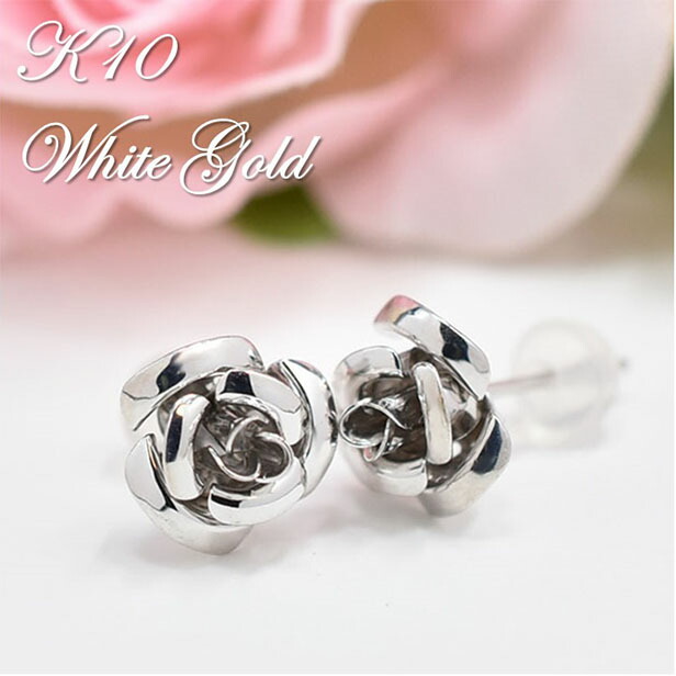 ピアス レディース WGピアス 薔薇モチーフ ホワイトゴールド K10WG ローズモチーフ ゴールドジュエリー 白薔薇 地金ピアス ギフト プレゼント クリスマス 母の日ギフト