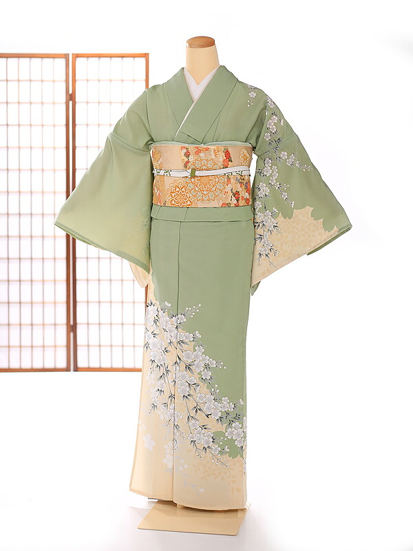 【単衣】【単】【夏 着物】単衣 訪問着 レンタル【夏 着物】【フルセット】【訪問着/着物レンタル】【夏物】パーティ】【七五三】【お茶会】【ほうもんぎ】【ホウモンギ houmongi】 緑 桜 kt7013【レンタル】