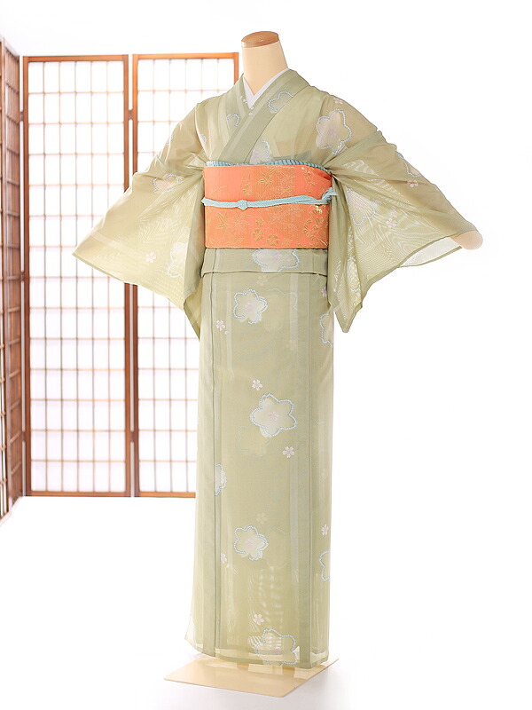 夏用 訪問着 レンタル 絽【夏着物 訪問着】【７月 ８月】【絽】【ろ】 小紋 着物 レンタル サマー　summer 緑 小紋桜【京都街歩き】【発表会】【表彰式】【お茶会】【パーティ】【食事会】【写真撮影】【着物レンタル】【和服】【母親】kk8104｜着物ネットレンタルkimonoshop
