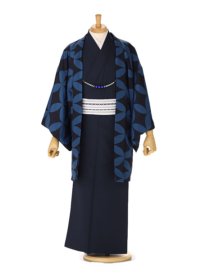 楽天市場 簡単きもの ワンタッチ帯 男きもの 七五三 父 着物 レンタル デザイン男袴 ブランド 森英恵 Hanaemori 着流し 羽織着物 パパ 七五三 青紺 七宝 街歩き 撮影 アンサンブルフルセット 男性着物 Sサイズ 160cm 165cm 往復送料無料 Cy0018 着物
