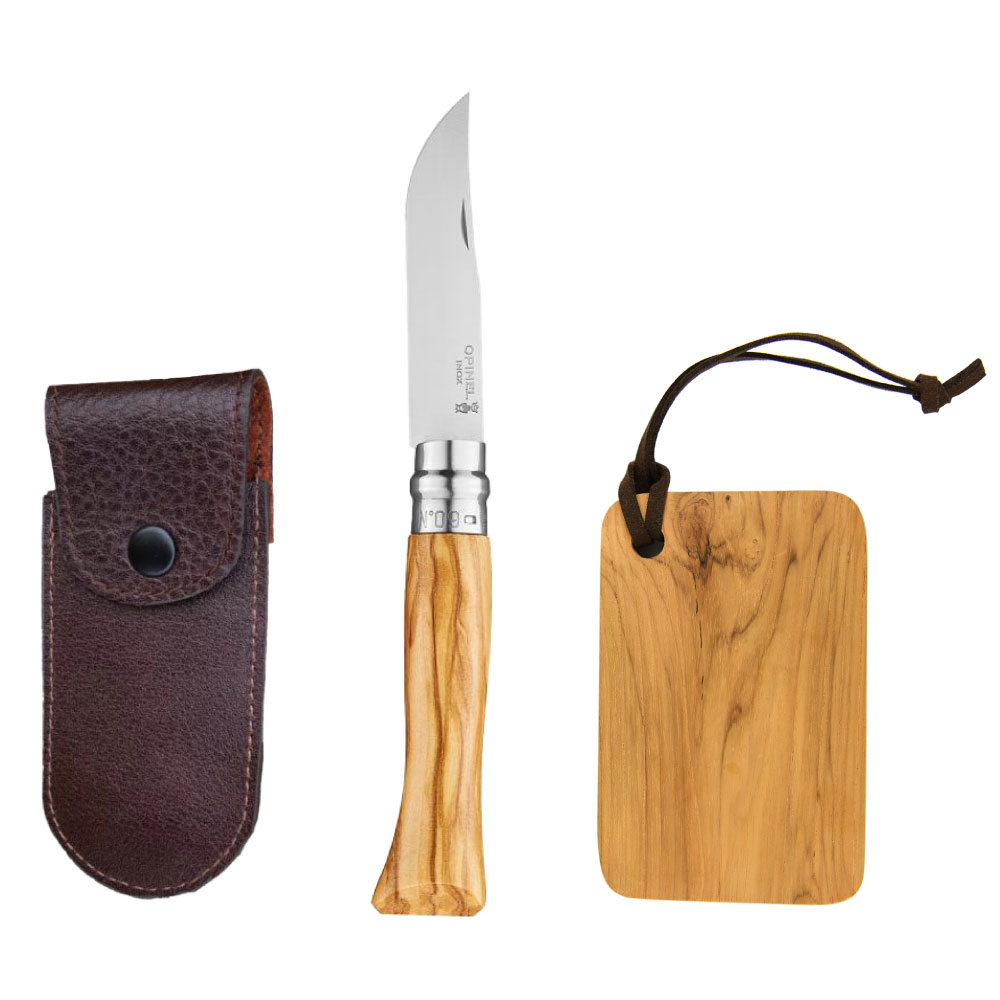 OPINEL(オピネル) ステンレススチール ナイフ レザーケース＆カッティングボードセット #9 オリーブ オピネルナイフ 9 キャンプ ナイフ アウトドア 折りたたみナイフ