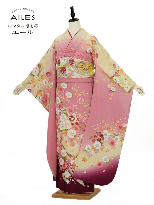 成人式 振袖 レンタル【レンタル】振袖レンタル フルセット（成人式） AC0140　ピンク　紫　桜 もみじ 成人式 振袖 レンタル 貸衣裳 袋帯 草履 バック 振袖 レンタル ふりそで 女性和服 フリソデ 着物 きもの 新品足袋プレゼント 送料無料｜レンタルきもの　エール