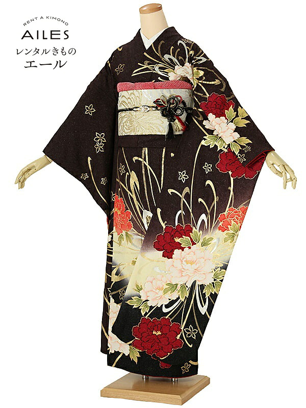 （レンタル）振袖レンタル フルセット（２月～１１月）AC0187　茶 牡丹 菊 結婚式 結納 レンタル 貸衣裳 袋帯 草履 バック 振袖 レンタル ふりそで 女性和服 フリソデ 着物 きもの 新品足袋プレゼント 送料無料