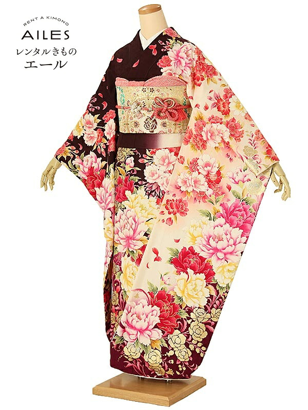 成人式 振袖 レンタル【レンタル】振袖レンタル フルセット（成人式） AC0190　濃紫 牡丹 バラ ラメ 成人式 振袖 レンタル 貸衣裳 袋帯 草履 バック 振袖 レンタル ふりそで 女性和服 フリソデ 着物 きもの 新品足袋プレゼント 送料無料