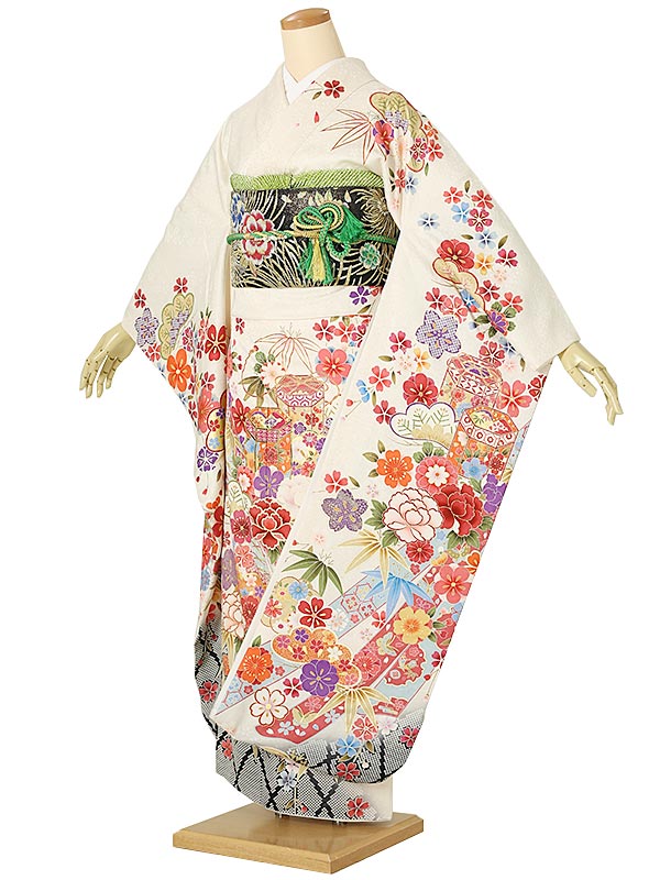 成人式 振袖 レンタル【レンタル】振袖レンタル フルセット（成人式） AC0214　白 黒 絞り 松竹梅 成人式 振袖 レンタル 貸衣裳 袋帯 草履 バック 振袖 レンタル ふりそで 女性和服 フリソデ 着物 きもの 新品足袋プレゼント 送料無料