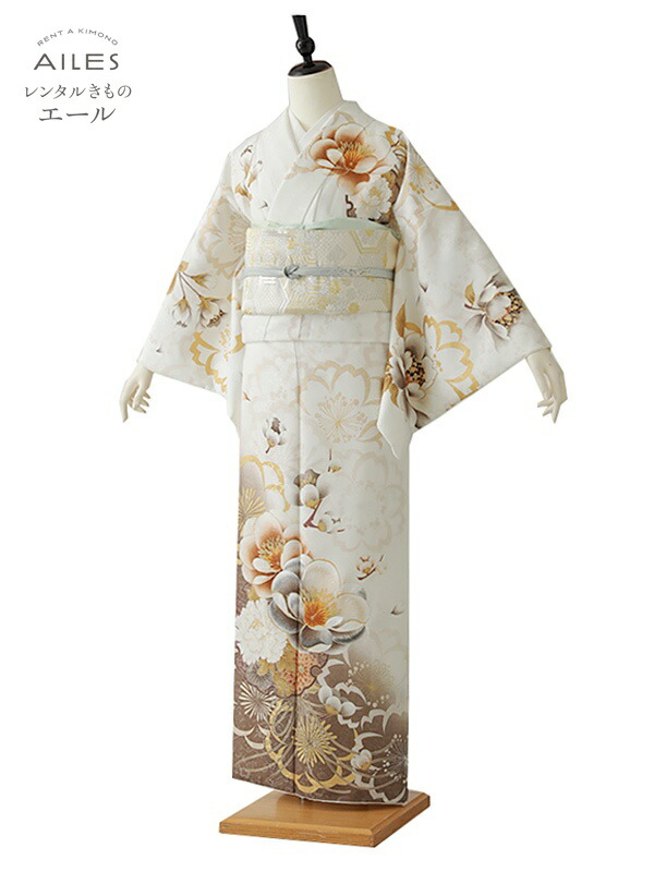 訪問着 レンタル 訪問着0068 白 茶 梅 牡丹 貸衣裳 フルセット rental 七五三 お宮参り 服装 母親 入学式 卒業式 結婚式 女性和服着物 訪問着セット ママ 母 新品足袋プレゼント [往復送料無料]