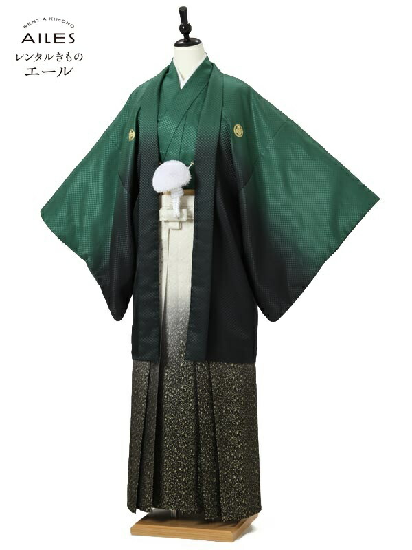 【賃貸】男袴賃貸 紋付き袴 男袴賃貸 AF0014  緑グラデーションに黒縞袴   成年者式 卒袴 御召しもの賃貸 卒式 袴 賃貸 男 メンズ袴 フルセット 成年者式 紋付袴 卒式 新品足袋差し上げ物【往復貨物輸送無料】