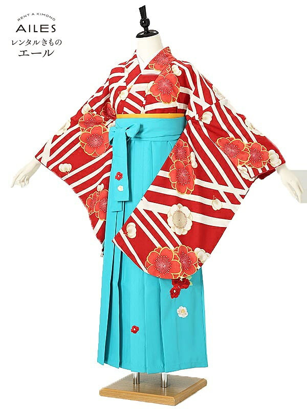 学生 女 専門職授業時間生 卒 【賃借】 卒賃借袴 女袴賃借 AG0089 赤 桜 縞 レトロ 水色 刺しゅう袴 卒袴 お召しもの賃借 卒式 初等学校卒式 賃借袴 rental フルセット 女袴 袴 賃借 女 【往復貨物輸送無料】 レディースファッション-和服