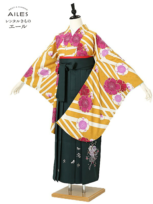 学生 女 専門職授業時間生 卒 【賃借】 卒賃借袴 女袴賃借 AG0090 からし 桜 縞 レトロ 緑 刺しゅう袴 卒袴 お召しもの賃借 卒式 初等学校卒式 賃借袴 rental フルセット 女袴 袴 賃借 女 【往復貨物輸送無料】 着物セット-和服-レディースファッション
