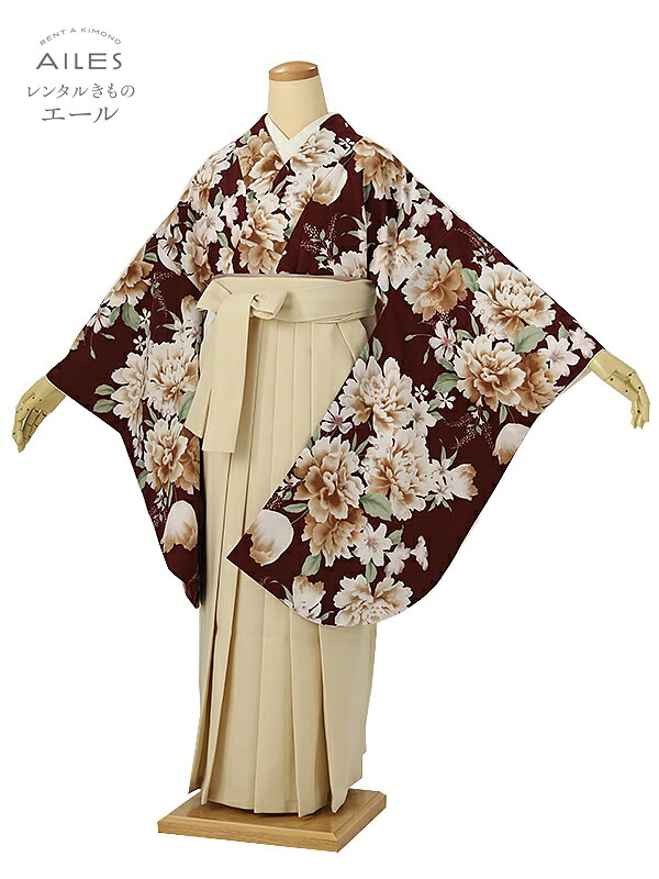 大学生 専門学校生 卒業 【レンタル】 卒業レンタル袴 女袴レンタル AG0236 えんじ ベージュ 花模様 卒業袴 着物レンタル 卒業式 小学校卒業式 レンタルフルセット 女袴 袴 レンタル 女 新品足袋プレゼント 【往復送料無料】