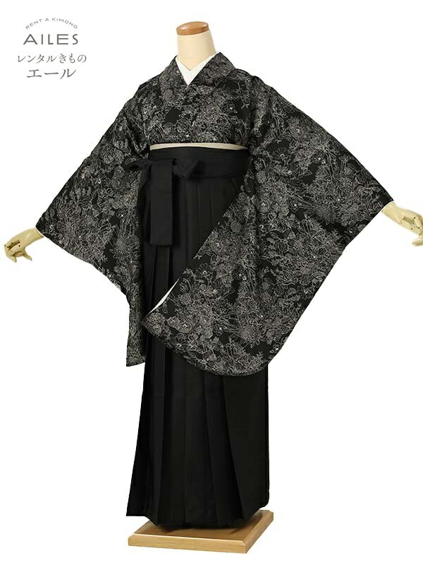 大学生 専門学校生 卒業 【レンタル】 卒業レンタル袴 女袴レンタル AG0300 黒 ライン 花模様 卒業袴 着物レンタル 卒業式 小学校卒業式 レンタルフルセット 女袴 袴 レンタル 女 新品足袋プレゼント 【往復送料無料】