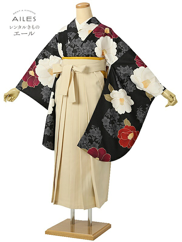 角帽 専門職授業時間生 卒 【賃借】 卒賃借袴 女袴賃借 AG0370 黒 椿 桜 卒袴 御召しもの賃借 卒式 初等学校卒式 賃借フルセット 女袴 袴 賃借 女 新品足袋差し上げ物 【往復貨物輸送無料】