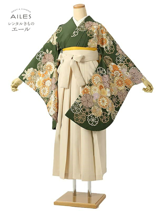 角帽 専門職授業時間生 卒 【賃借】 卒賃借袴 女袴賃借 AG0410 緑 桜 菊 絞り柄 卒袴 御召しもの賃借 卒式 初等学校卒式 賃借フルセット 女袴 袴 賃借 女 新品足袋差し上げ物 【往復貨物輸送無料】