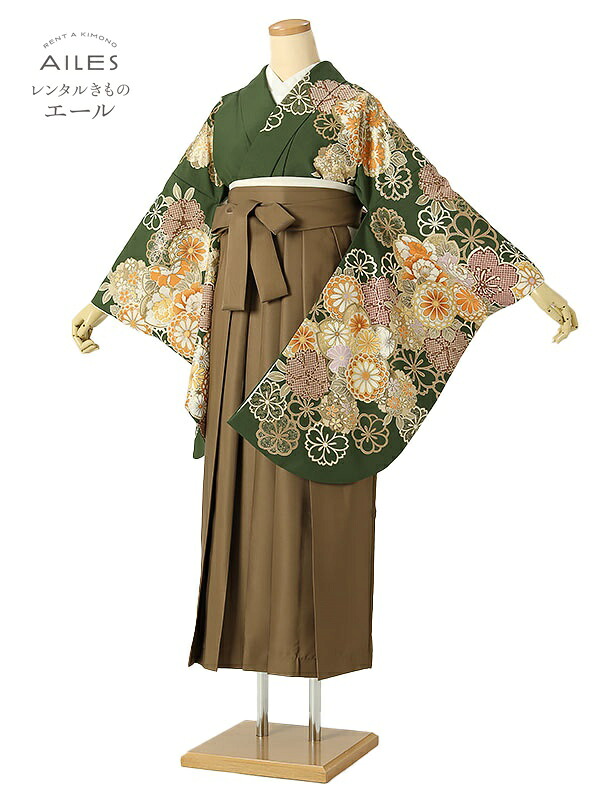 角帽 専門職授業時間生 卒 【賃借】 卒賃借袴 女袴賃借 AG0411 緑 桜 菊 絞り柄 卒袴 御召しもの賃借 卒式 初等学校卒式 賃借フルセット 女袴 袴 賃借 女 新品足袋差し上げ物 【往復貨物輸送無料】