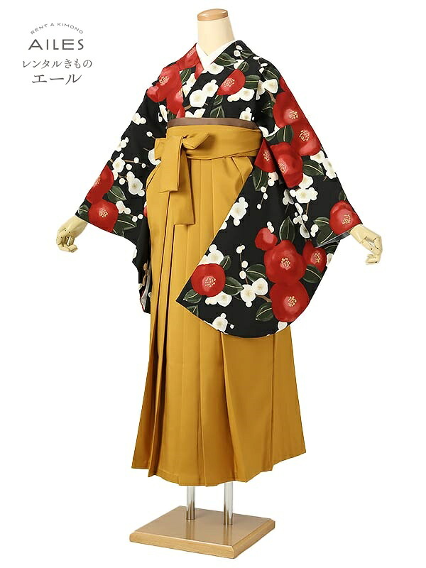 角帽 専門職授業時間生 卒 【賃借】 卒賃借袴 女袴賃借 AG0477 黒 赤 椿 卒袴 御召しもの賃借 卒式 初等学校卒式 賃借フルセット 女袴 袴 賃借 女 新品足袋差し上げ物 【往復貨物輸送無料】