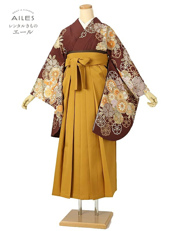 角帽 専門職授業時間生 卒 【賃借】 卒賃借袴 女袴賃借 AG0492 赤茶 桜 菊 絞り柄 卒袴 御召しもの賃借 卒式 初等学校卒式 賃借フルセット 女袴 袴 賃借 女 新品足袋差し上げ物 【往復貨物輸送無料】