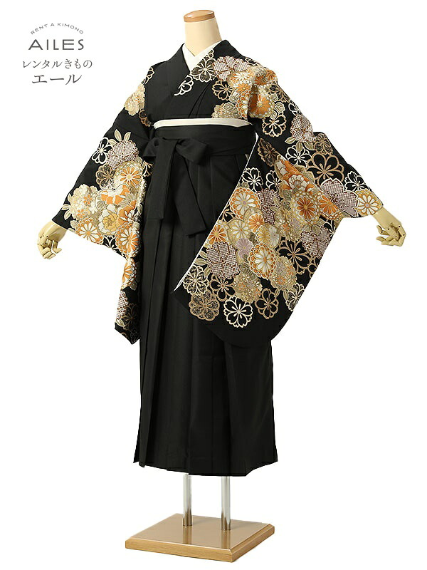角帽 専門職授業時間生 卒 【賃借】 卒賃借袴 女袴賃借 AG0495 黒 桜 菊 絞り柄 卒袴 御召しもの賃借 卒式 初等学校卒式 賃借フルセット 女袴 袴 賃借 女 新品足袋差し上げ物 【往復貨物輸送無料】