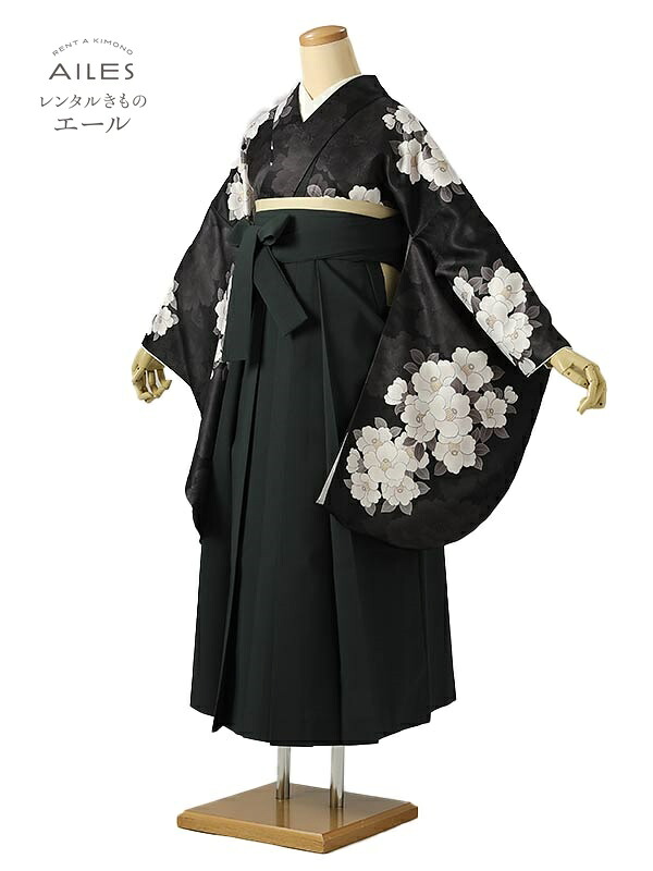 角帽 専門職授業時間生 卒 【賃借】 卒賃借袴 女袴賃借 AG0652 黒 白 椿 卒袴 御召しもの賃借 卒式 初等学校卒式 賃借フルセット 女袴 袴 賃借 女 新品足袋差し上げ物 【往復貨物輸送無料】