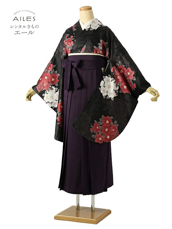 角帽 専門職授業時間生 卒 【賃借】 卒賃借袴 女袴賃借 AG0656 黒 赤 椿 卒袴 御召しもの賃借 卒式 初等学校卒式 賃借フルセット 女袴 袴 賃借 女 新品足袋差し上げ物 【往復貨物輸送無料】