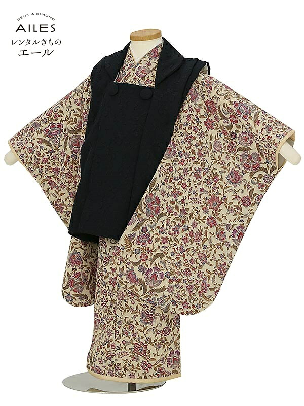 七五三 （レンタル）753 女の子 3歳被布レンタル AP3190 ベージュ 小花模様 ひいな 女児 七五三被布 被布 貸衣装 和装 お正月 お祝い きもの 3歳 七五三 3才女の子 人気柄 子供 753 かわいい 人気 新品足袋プレゼント 送料無料