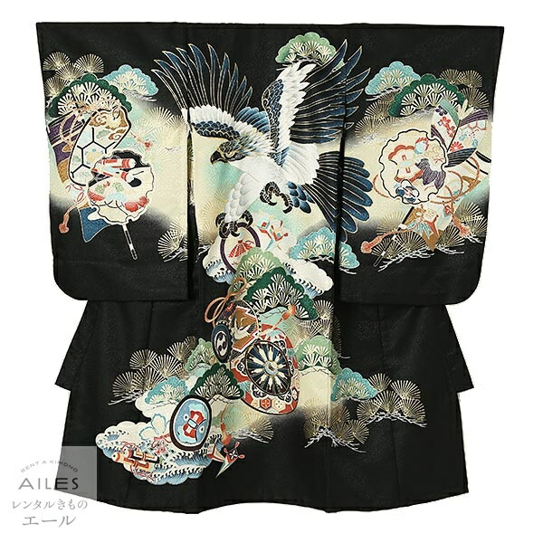 2040円 半額SALE★ お宮参り 男の子 夏用 EF0016 黒 鷹 松 鼓 扇 単衣 長襦袢袖なし 夏 産着 産着レンタル 掛け着 よだれかけ 祝着レンタル 人気 初着 赤ちゃん 記念撮影 rental ベビー帽子セットレンタル付 送料無料 産着夏