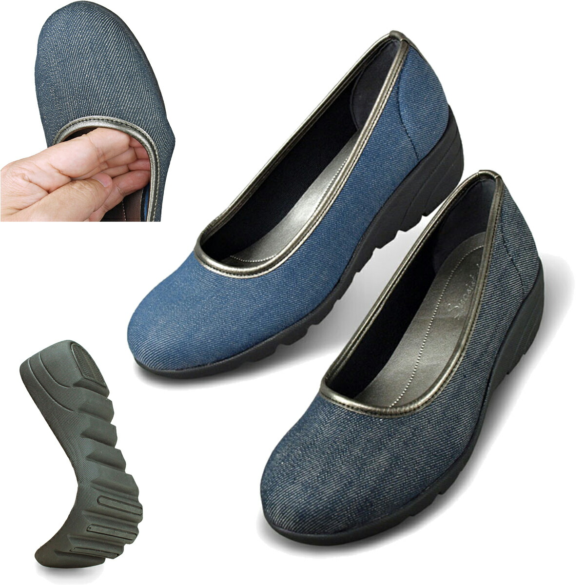 マリアンヌパンプス 外反母趾の方に大人気の痛くないパンプス 幅広3e 足が疲れない パンプス 歩きやすい スアシスフィール ストレッチデニム サイズ交換対応 通勤 立ち仕事 オフィスワークに ロイヤレント 柔らかい靴底 ソックスのようなフィット感と マットレス