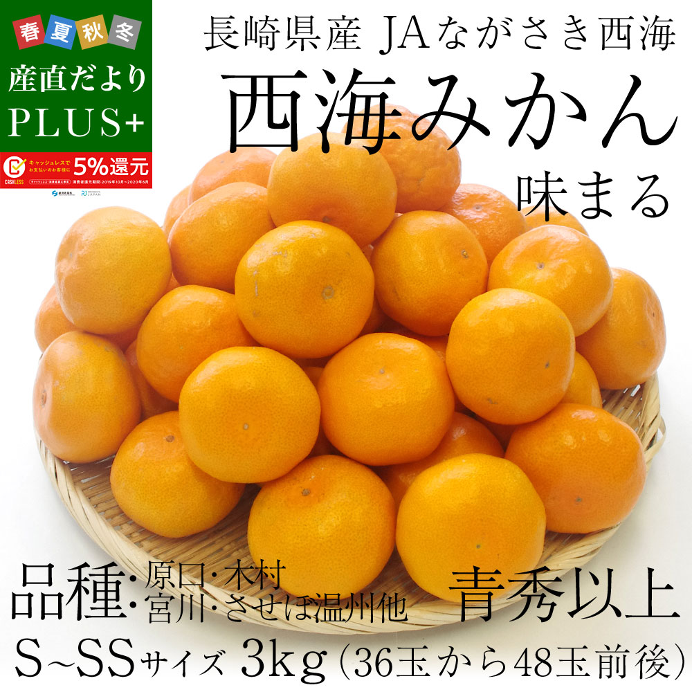 楽天市場 送料無料 長崎県産 ｊａながさき西海 西海みかん 味まる 青秀以上 Sからssサイズ 3キロ 36玉から48玉 みかん 早生みかん 産直だよりplus うなぎの駅