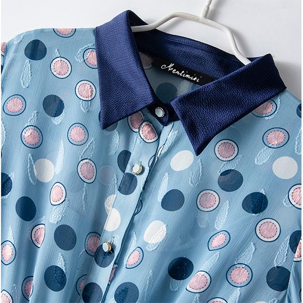 大きいサイズ ワンピース ウエスト切替 インナーワンピース付き 長袖 シャツカラー リーフ ドットプリント ドローストリング
