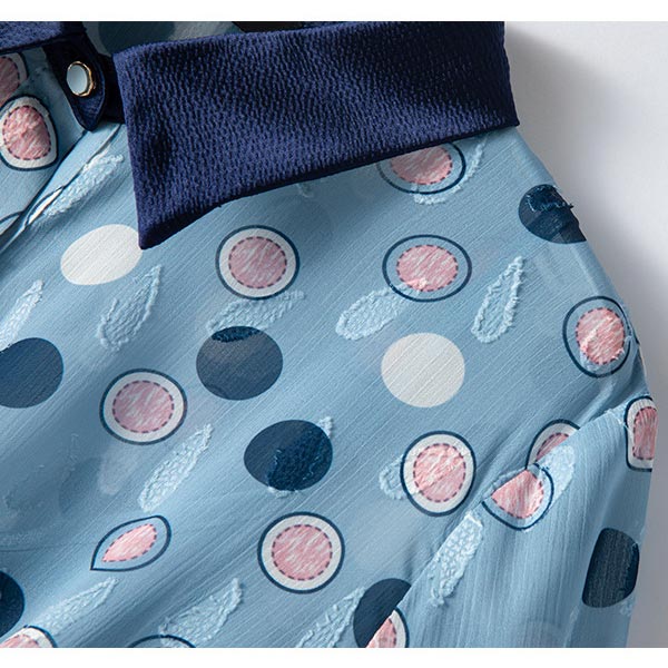 大きいサイズ ワンピース ウエスト切替 インナーワンピース付き 長袖 シャツカラー リーフ ドットプリント ドローストリング