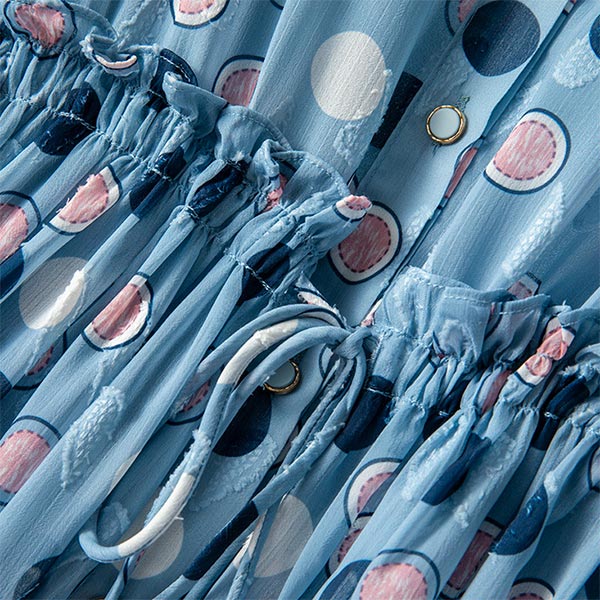 大きいサイズ ワンピース ウエスト切替 インナーワンピース付き 長袖 シャツカラー リーフ ドットプリント ドローストリング