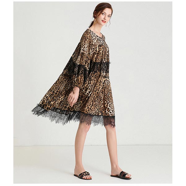 大きいサイズ ワンピース ラウンドネック 袖口リボン ティアードワンピース ボーダーレースコラージュ