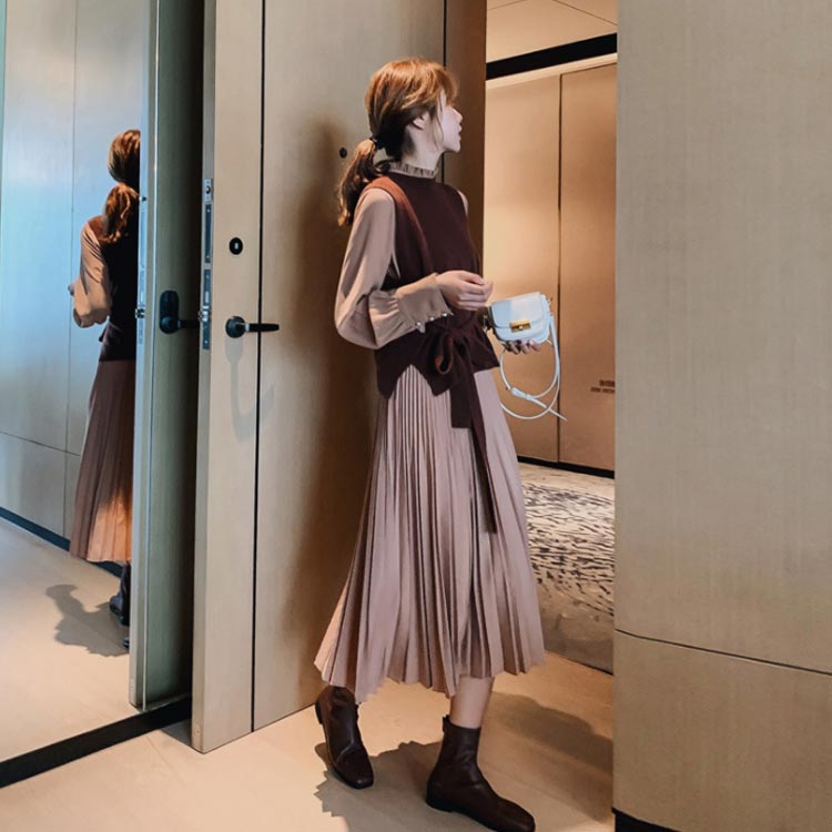 アウトレット送料無料 レディース ワンピース 秋冬 ツーピースワンピース セットアップ ニットベスト シャツカラーワンピース ミモレ丈 ロング丈 フレア 人気の Tuttimascotte Com Mx