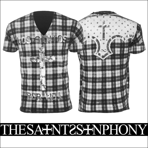 新作【THE SAINTS SINPHONY/セインツシンフォニー】WOLF GANG・Tシャツ（半袖・Vネック・ホワイト×ブラック・WHT×BLK）メンズ【送料無料】ホワイト×ブラックのチェックにシルバーのクロスが映える1枚！モノトーンで大人な印象に！【インポート】【セレカジ】【正規品】