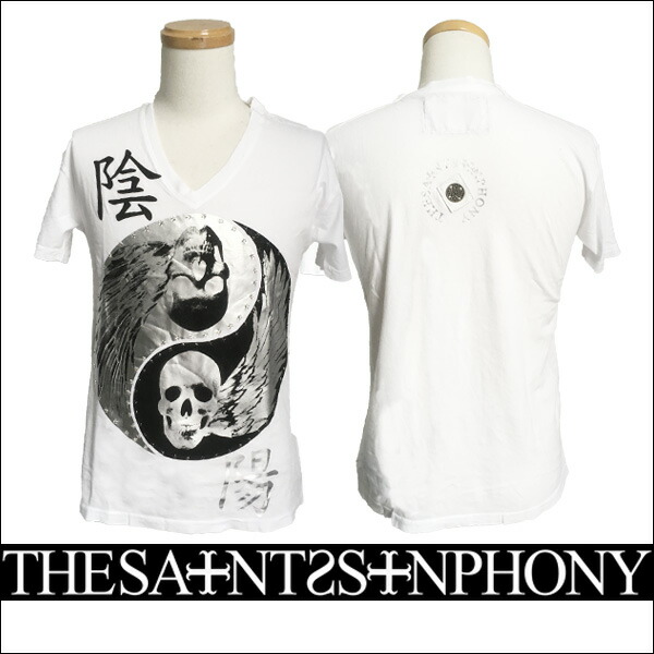 新作【THE SAINTS SINPHONY/セインツシンフォニー】YIN・Tシャツ（半袖・Vネック・ホワイト・WHT）メンズ【送料無料】スカル×ジャパニーズテイストのデザインがCOOL！ホワイトベースにブラック×シルバープリントがカッコイイ！【インポート】【セレカジ】【正規品】