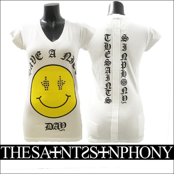 新作【THE SAINTS SINPHONY/セインツシンフォニー】MIND SMILEY・Tシャツ（半袖・Vネック・ホワイト・WHT）レディース【送料無料】セインツシンフォニー2017年秋冬新作入荷！【インポート】【セレカジ】【正規品】｜セレクトショップMOMO