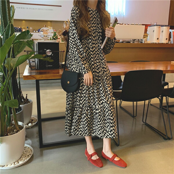 楽天市場 ドット柄シフォンワンピースレディース ミモレ丈 ティアードワンピース 春秋冬 Senkei