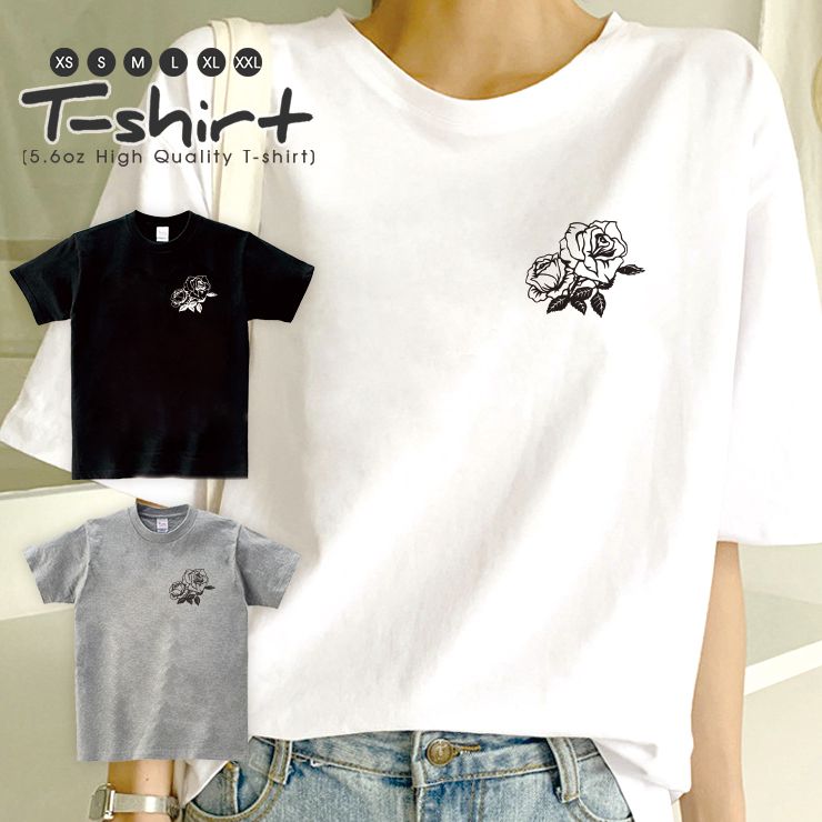 Tシャツ レディース 半袖 カジュアル ペア カップル ロゴtシャツ 大人 トップス プリント カットソー ブランド ゆったり 大きいサイズ かわいい おしゃれ バラ 薔薇 白黒 ワンポイント 第一ネット