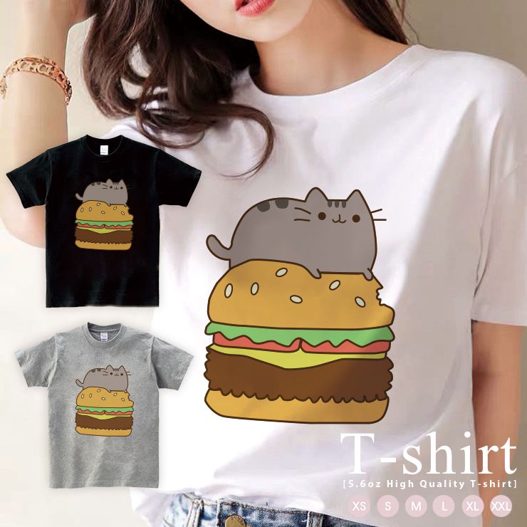 大人かわいい Tシャツ レディース 半袖 カジュアル ペア カップル 大人可愛い トップス カットソー ブランド 韓国 ゆったり かわいい おしゃれ キャラクター 猫 ねこ ネコバーガー イラスト 21福袋