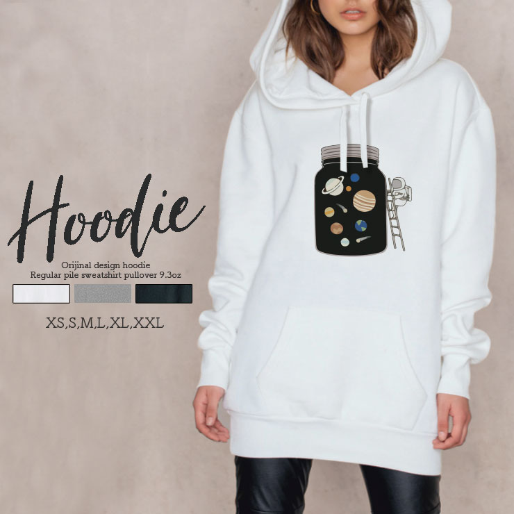パーカー レディース メンズ スウェット プルオーバー Hoodie 長袖 フード付き ペア カップル S M L Xl Xxl おそろ おしゃれ 大人 かわいい 宇宙飛行士 瓶に広がる宇宙 惑星 月 コミック 本物新品保証