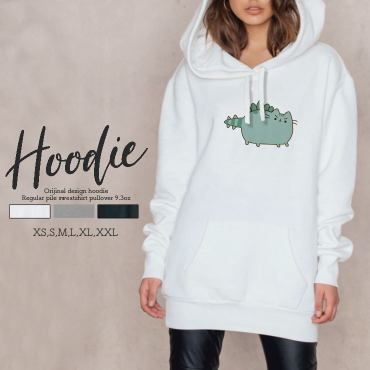 パーカー レディース メンズ スウェット プルオーバー Hoodie 長袖 フード付き ペア カップル S M L Xl Xxl おそろ おしゃれ 大人かわいい 韓国 恐竜ねこ 猫 ネコ 緑の怪獣ネコ 海外輸入