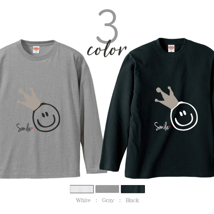 高級な Tシャツ ロンt 長袖 レディース トップス プリントt Uネック クルーネック 長袖tシャツ カットソー レイヤード ロングtシャツ ペア リンクコーデ おそろ Smile にこちゃん ニコちゃん 王冠 クラウン スマイリーマーク おしゃれ かっこいい 大人かわいい Www