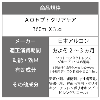 楽天市場 エーオーセプト クリアケア 360ml 3本 コンタクトレンズ コンタクト 洗浄液 ソフトコンタクトレンズ 日本アルコン Aoセプト Ao 中和 エーオーセプト シグマ コンタクト