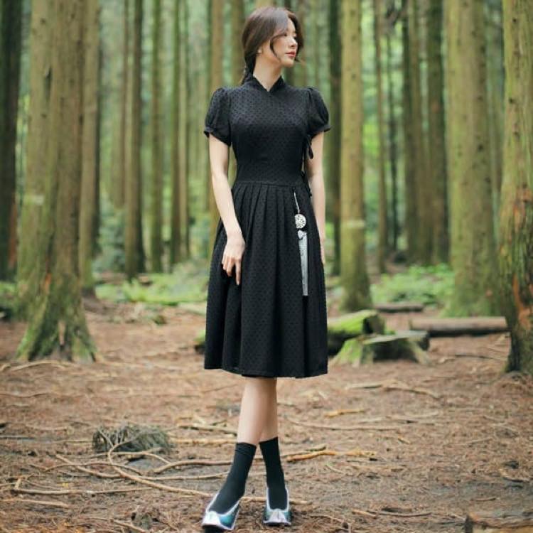 【韓服スタイル】ハラン・チョリックワンピース 春 夏 ハイウエスト 花柄　着こなし 上品 大人の女性 エレガント　ブラック F XL