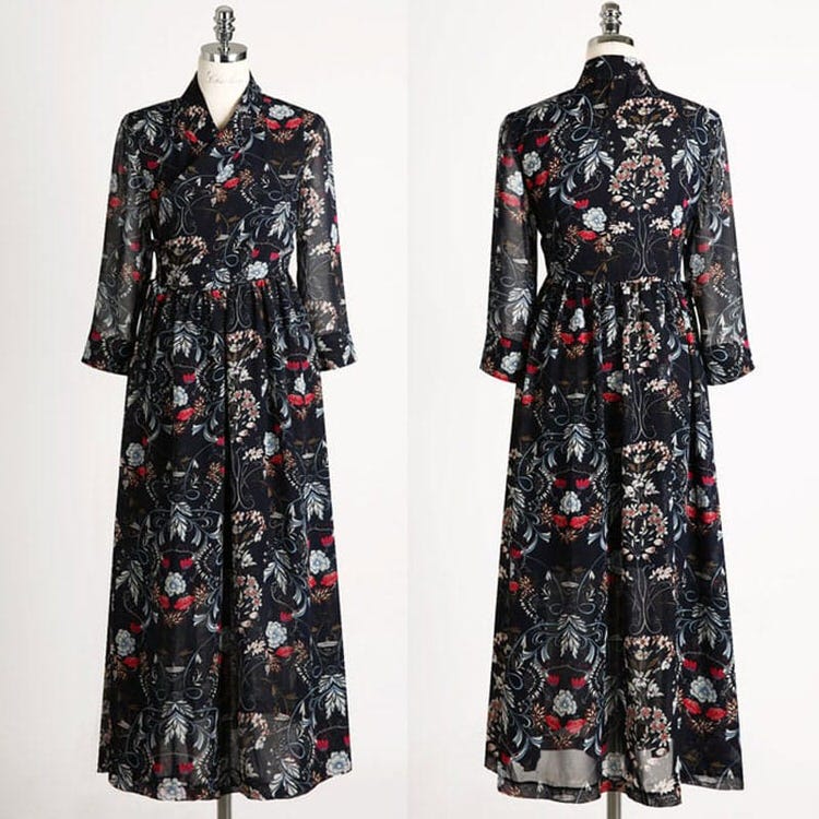 【韓服スタイル】スリーピングバタフライ・チョリックワンピース 春 秋 ハイウエスト 花柄　着こなし 上品 大人の女性 エレガント　ネイビー FREE XL｜好きなものいっぱい眞眞