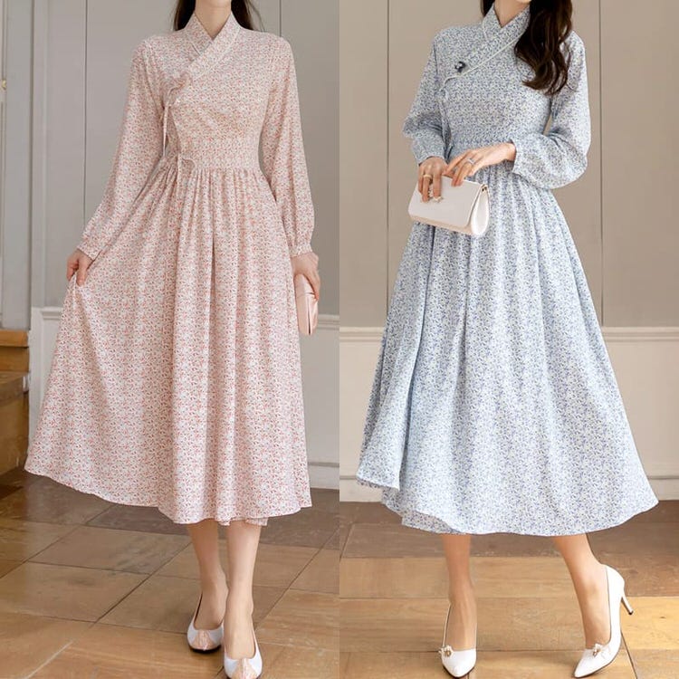 【韓服スタイル】ジンナ パイピング配色チョークワンピース 長袖 ボリュームスリーブ ハイウエスト 花柄 着こなし エレガント レッド ブルー FREE XL 2XL 春 秋｜好きなものいっぱい眞眞