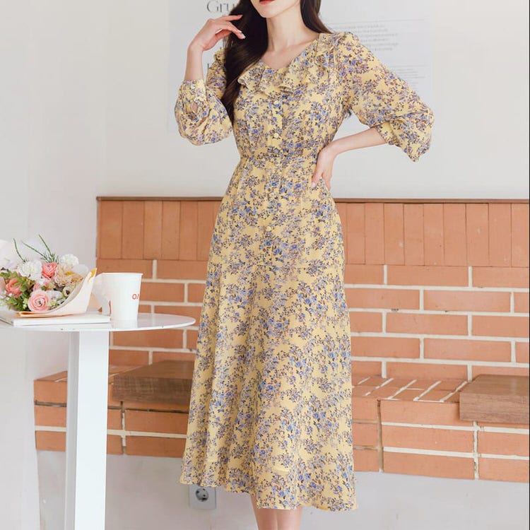 【韓服スタイル】ラッフルカラー フローラルシフォンワンピース Vネック 長袖 ひざ下丈 フレア ハイウエスト 花柄 シンプル エレガント 着こなし 春 秋 イエロー FREE XL 2XL｜好きなものいっぱい眞眞