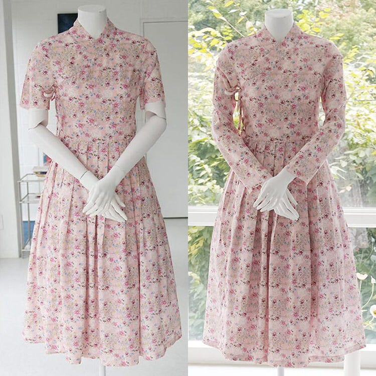 【韓服スタイル】チョリックワンピース Vネック 半袖 長袖 ひざ下丈 ハイウエスト リボン 上品 花柄 上品 シンプル クラシック 着こなし 春 夏 ピンク S M L XL 2XL 3XL 4XL 5XL｜好きなものいっぱい眞眞
