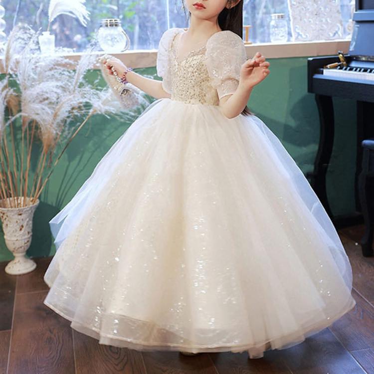 【韓服スタイル】白雪姫ロングドレス 幼児 子供 バフ袖 ロング丈 フレア レース プリンセス 演奏会 誕生日 パーティー ホワイト 110 120 130 140 150 160｜好きなものいっぱい眞眞
