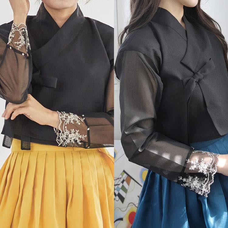 【韓服スタイル】チョゴリブラウス Vネック 長袖 リボン レース 無地 シースルー 上品 大人の女性 エレガント 着こなし クラシック 春 秋 ブラック ダークゴールド ダークシルバー S M L